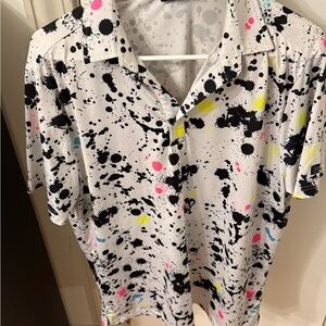 Sunday Swagger medium White Paint-Splatter Button-Up Shirt with Neon Accents
